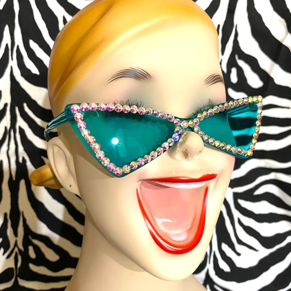 House Of Adornments Accessories - Killer cool Aqua New Wave AB rhinestone sunnies